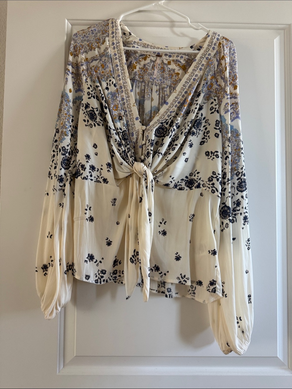 Free People Cream Floral Tie-Front Blouse with Blue Accents